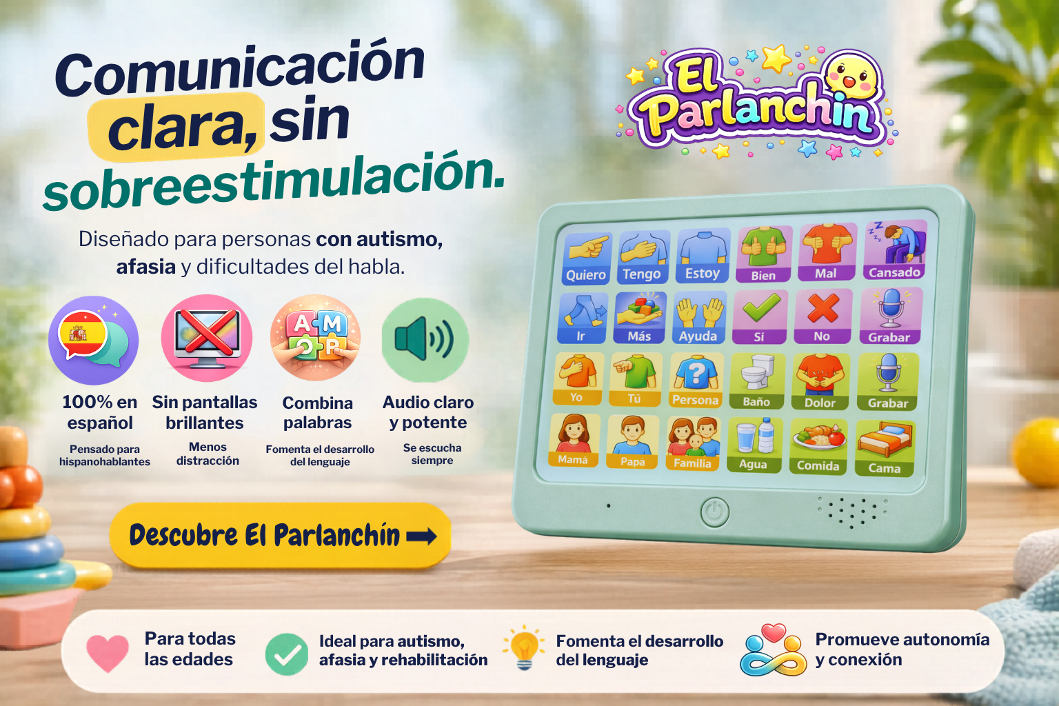 Dispositivo AAC en español El Parlanchín para comunicación en autismo, afasia y dificultades del habla